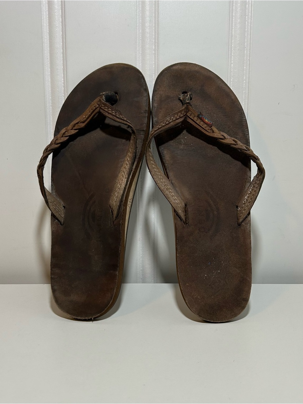 Rainbow Brown Leather Braided Strap Flip Flops slipper women’s 10